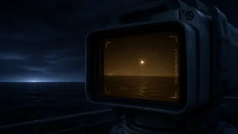Illustration of an infrared camera recording a distant light over a dark sea