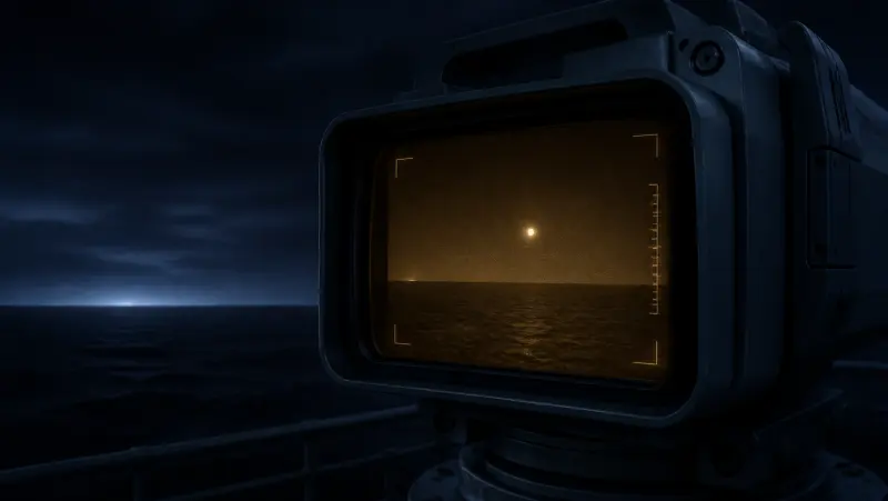 Illustration of an infrared camera recording a distant light over a dark sea