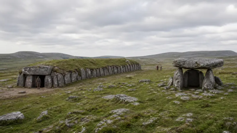 Illustration of Neolithic stone tombs on the Irish landscape