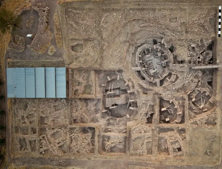 Aerial view of Göbekli Tepe showing monumental enclosures and adjacent rectangular buildings