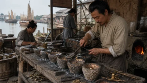 Medieval Guangzhou metalworkers using crucibles beside a busy harbor