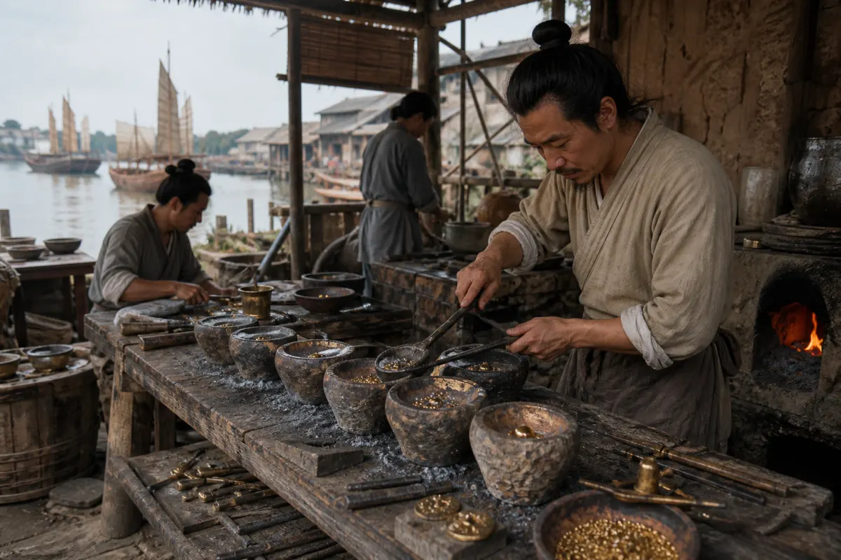 Medieval Guangzhou metalworkers using crucibles beside a busy harbor