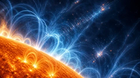 Editorial illustration of the Sun’s photosphere and million-degree corona threaded by magnetic loops