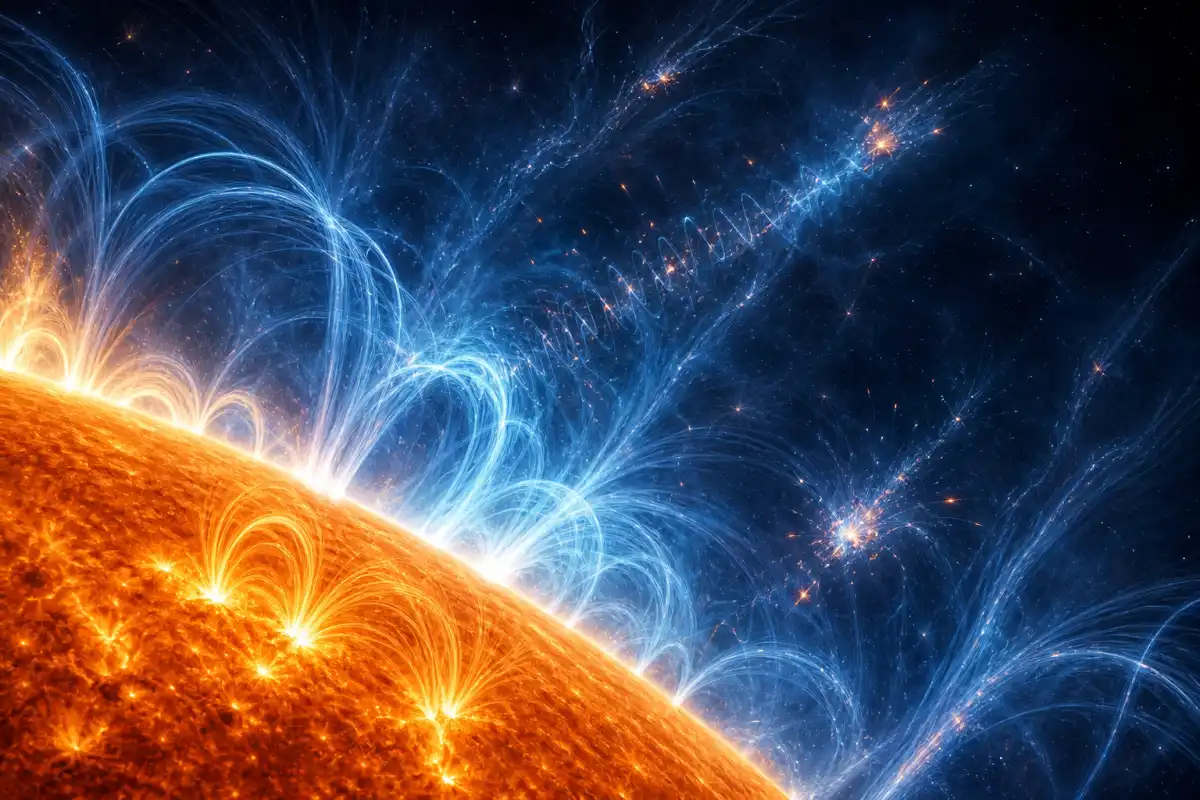 Editorial illustration of the Sun’s photosphere and million-degree corona threaded by magnetic loops