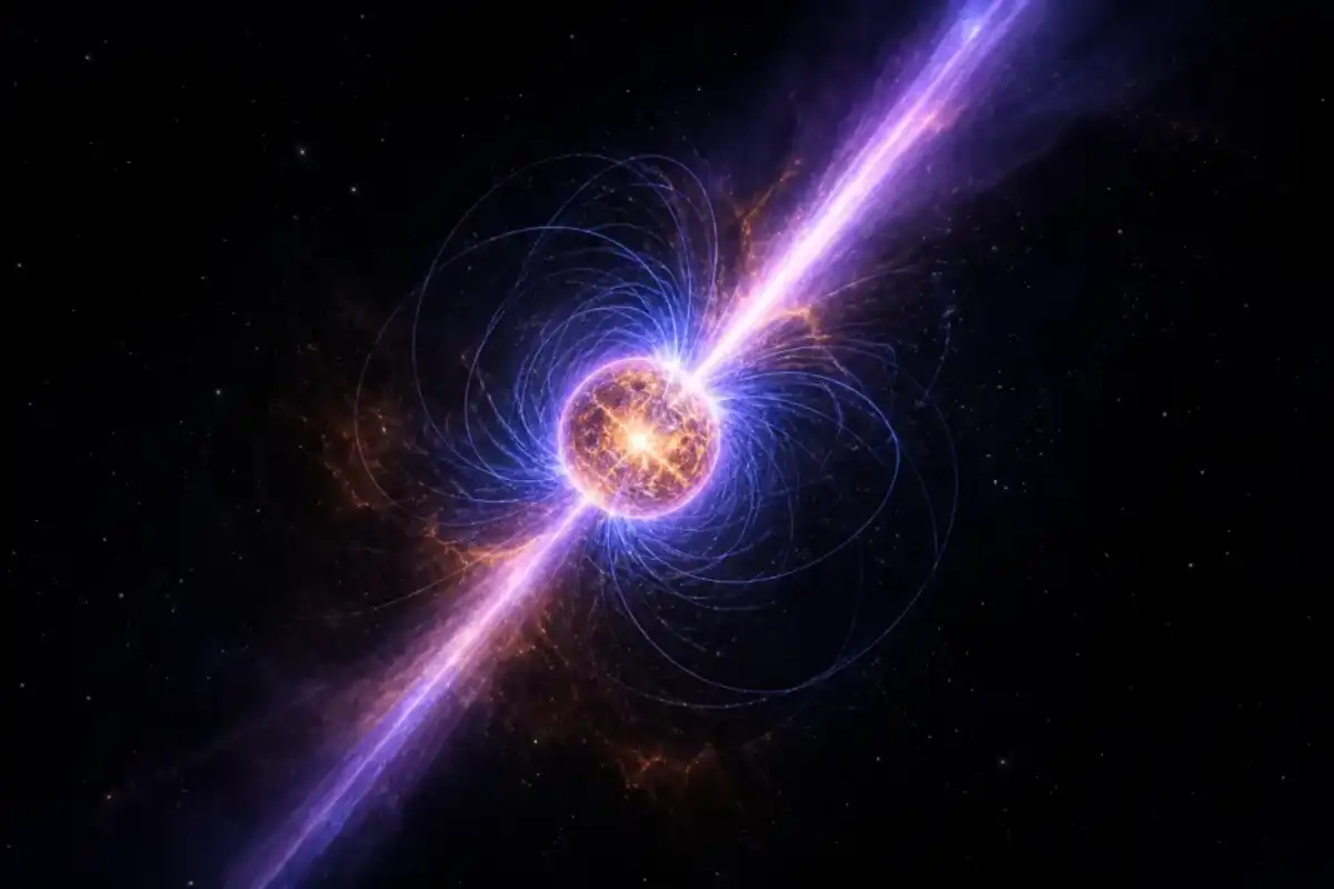 Editorial illustration of a magnetar with curved magnetic fields and polarized X-ray beams