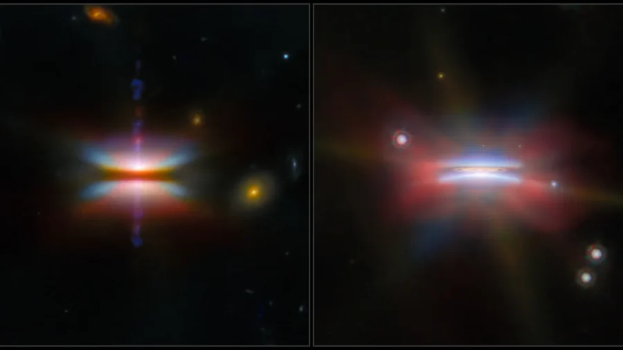 Two edge-on planet-forming disks around young stars with bright outflows