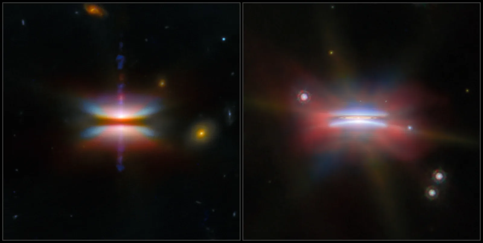 Two edge-on planet-forming disks around young stars with bright outflows