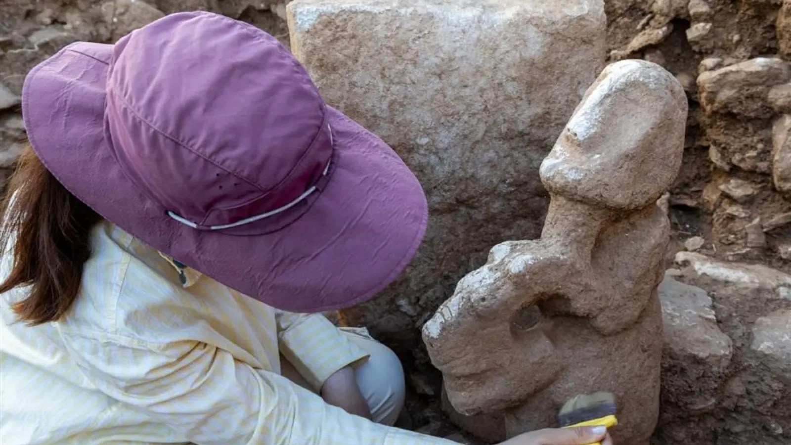 Karahantepe composite sculpture of a person seated on a leopard