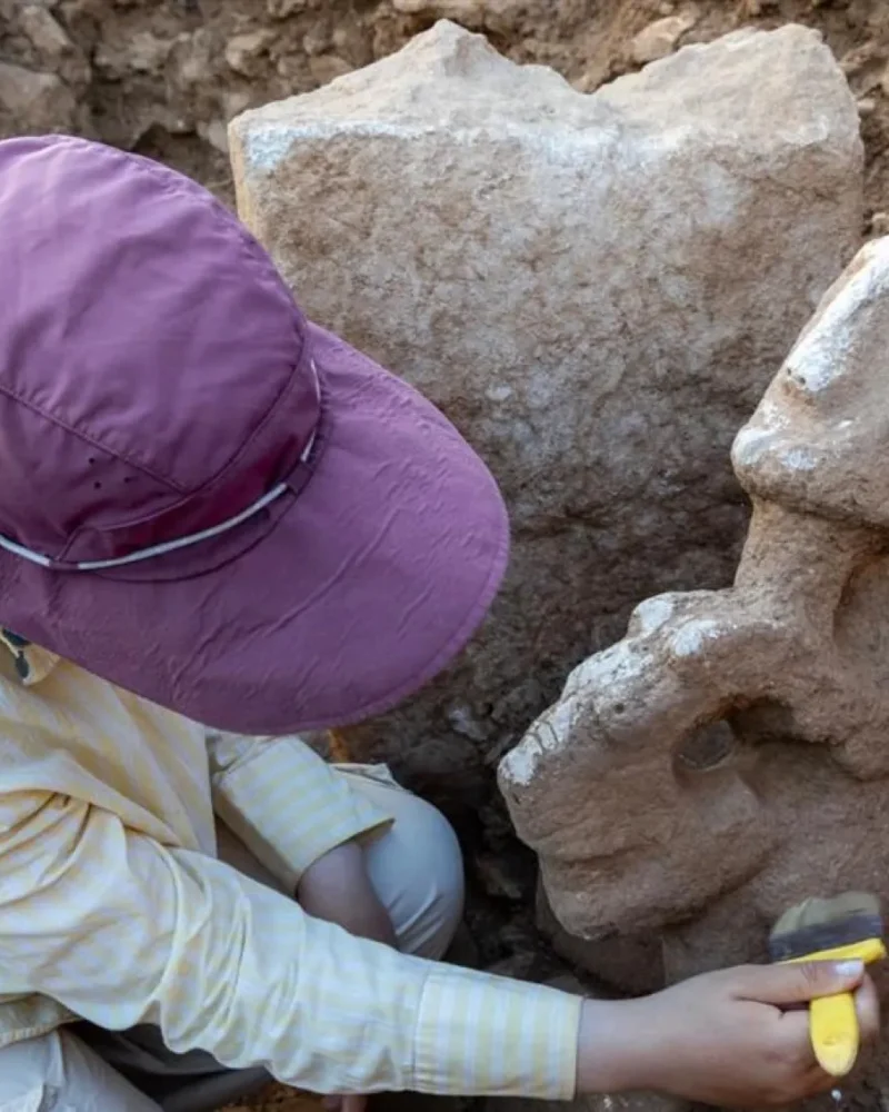Karahantepe composite sculpture of a person seated on a leopard