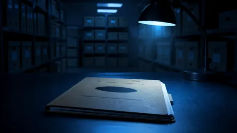 Illustration of a classified file folder and a blue-lit archive room