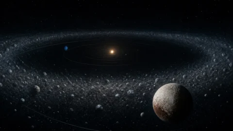 Editorial illustration of icy Kuiper Belt objects orbiting beyond Neptune