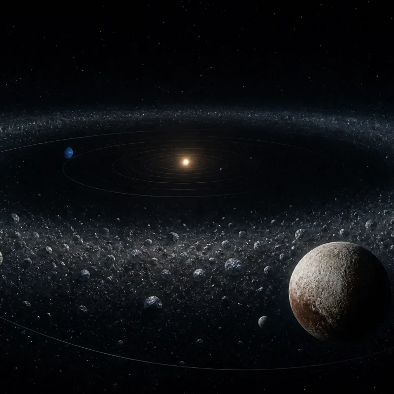Editorial illustration of icy Kuiper Belt objects orbiting beyond Neptune