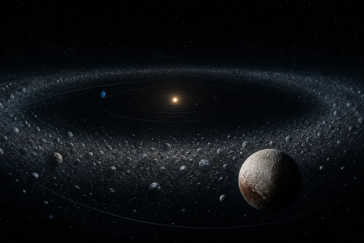 Editorial illustration of icy Kuiper Belt objects orbiting beyond Neptune