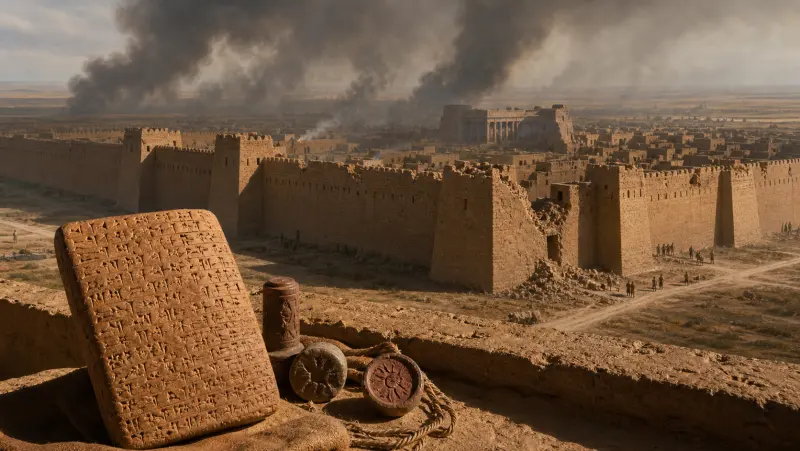 Illustration of a Mesopotamian city wall, cuneiform tablet, and burning horizon