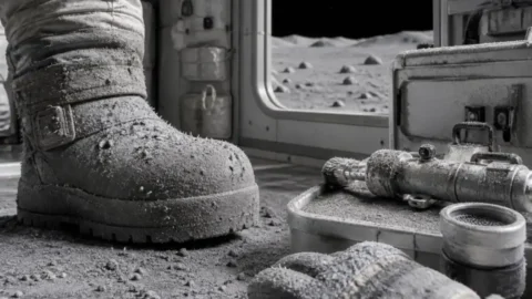 Editorial illustration of lunar dust clinging to a spacesuit boot and equipment