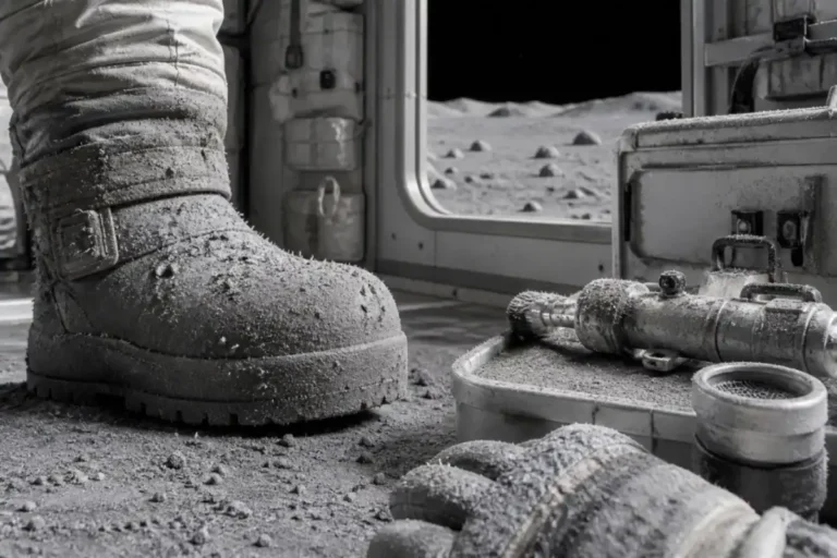 Editorial illustration of lunar dust clinging to a spacesuit boot and equipment