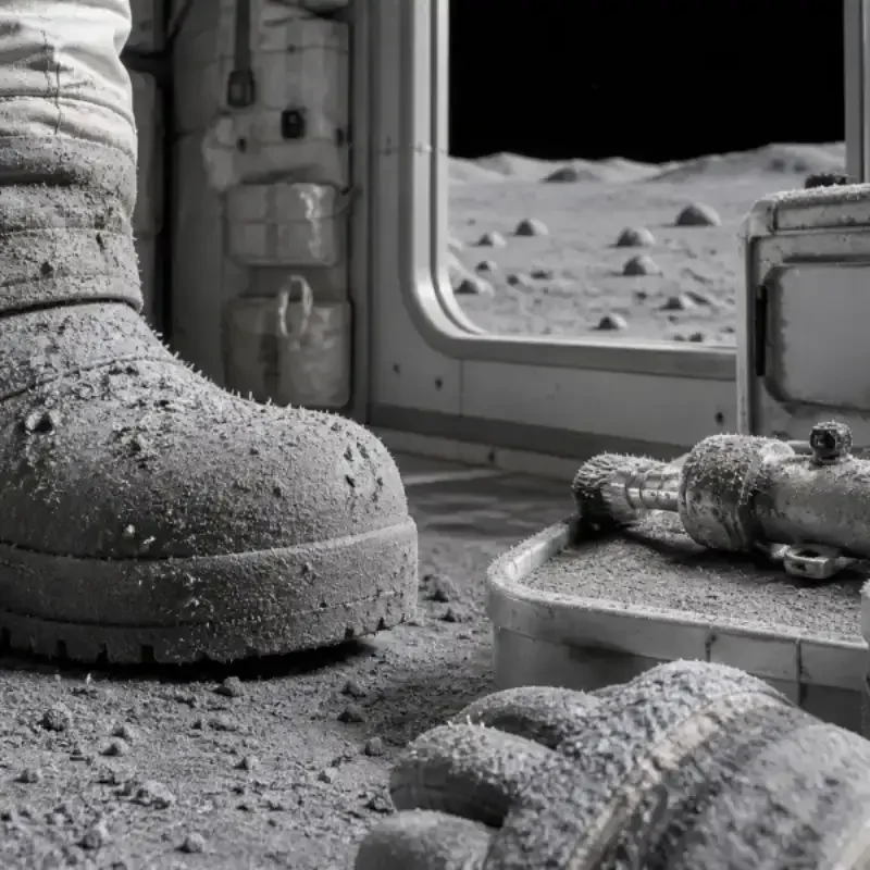 Editorial illustration of lunar dust clinging to a spacesuit boot and equipment