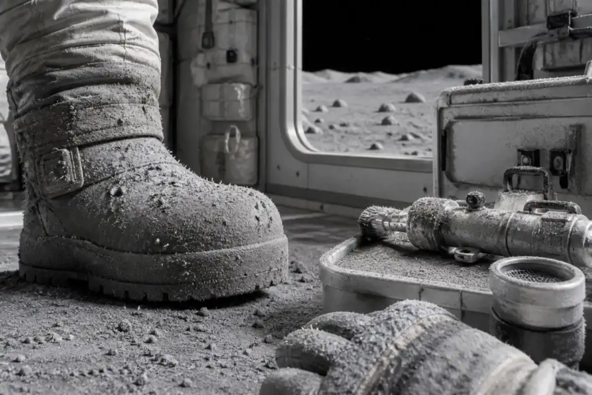 Editorial illustration of lunar dust clinging to a spacesuit boot and equipment