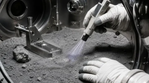 Editorial illustration of a lunar dust tool being tested inside a vacuum chamber