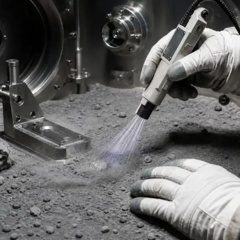 Editorial illustration of a lunar dust tool being tested inside a vacuum chamber
