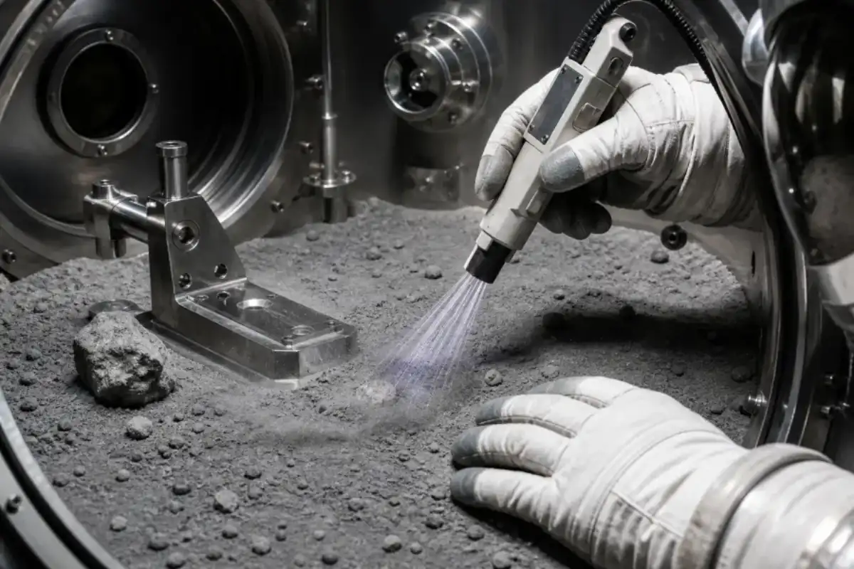 Editorial illustration of a lunar dust tool being tested inside a vacuum chamber
