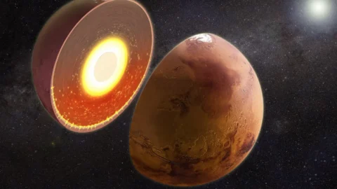 Artist illustration of Mars with a warm layer beneath its south polar region.