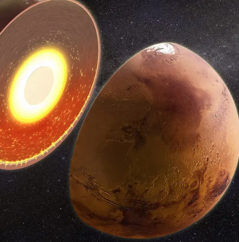 Artist illustration of Mars with a warm layer beneath its south polar region.