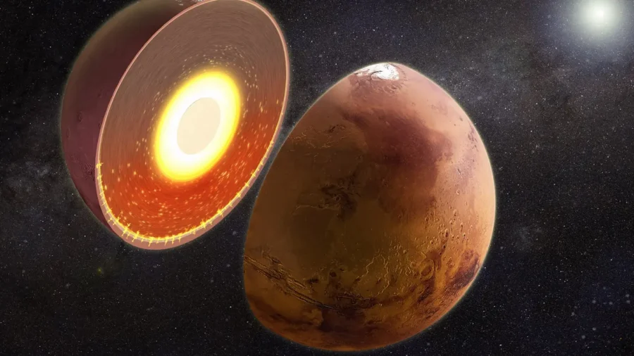 Artist illustration of Mars with a warm layer beneath its south polar region.