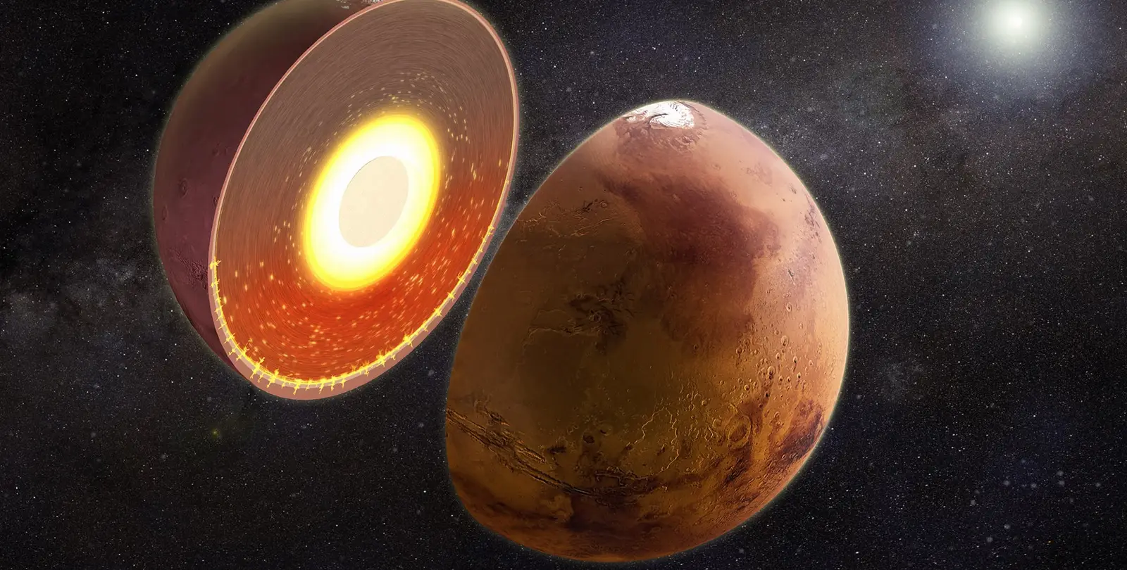 Artist illustration of Mars with a warm layer beneath its south polar region.