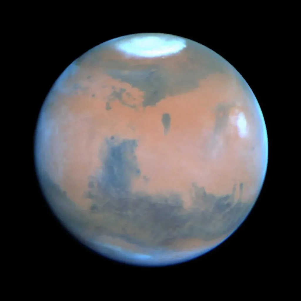 Hubble view of Mars showing the planet's red-orange surface