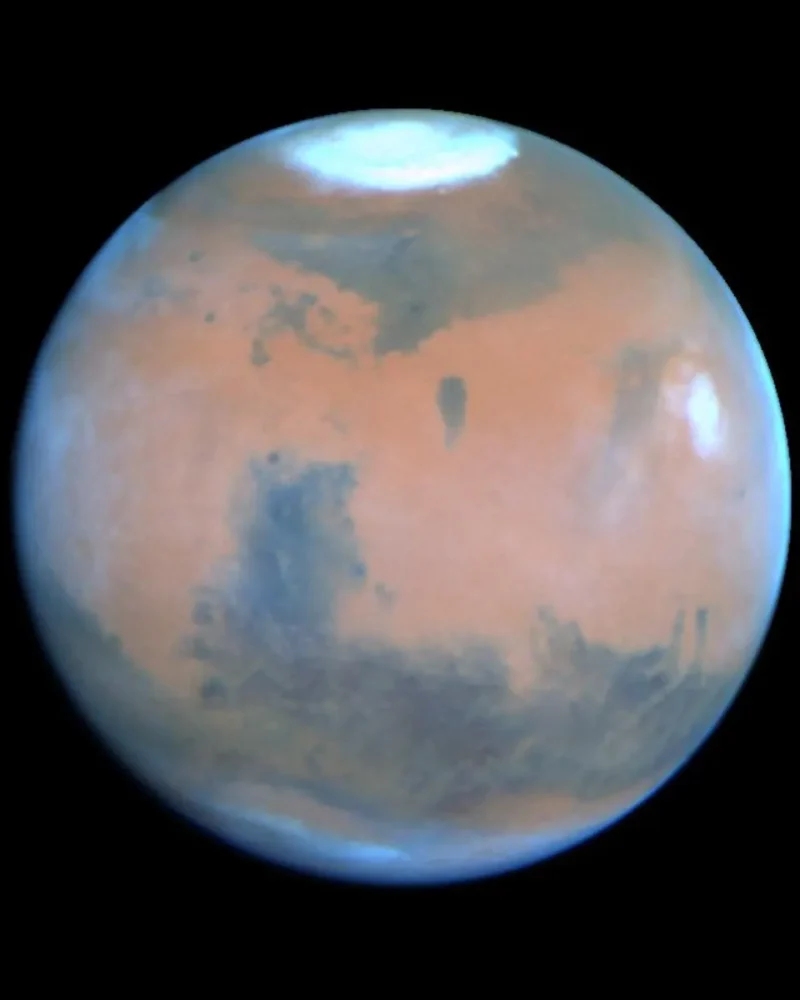 Hubble view of Mars showing the planet's red-orange surface