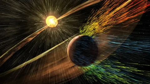Illustration of auroral activity above Mars and its patchy crustal magnetic fields