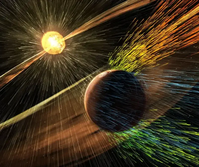Illustration of auroral activity above Mars and its patchy crustal magnetic fields