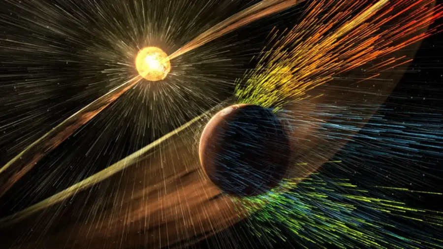 Illustration of auroral activity above Mars and its patchy crustal magnetic fields