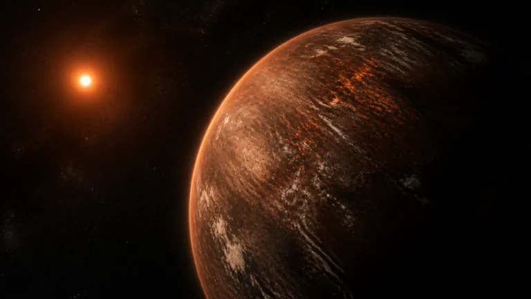 Conceptual illustration of the dense mega-Earth exoplanet GJ 523b orbiting a young star
