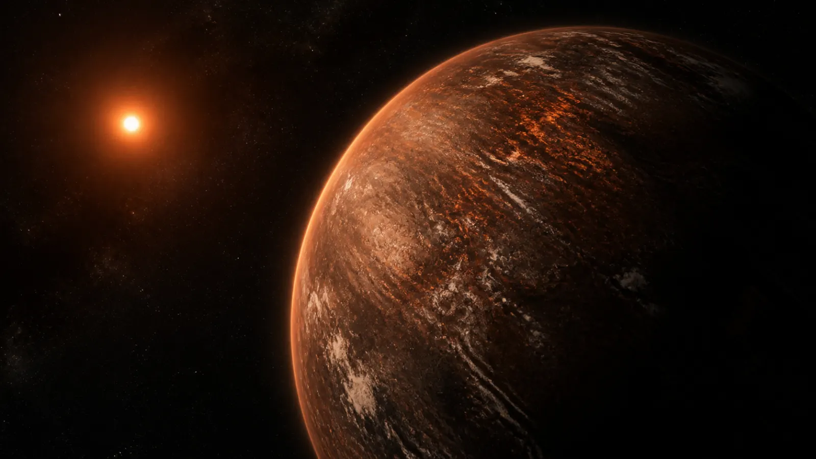 Conceptual illustration of the dense mega-Earth exoplanet GJ 523b orbiting a young star