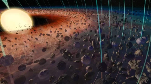 Artist’s illustration of the magnetic field and dust around the infant Sun.