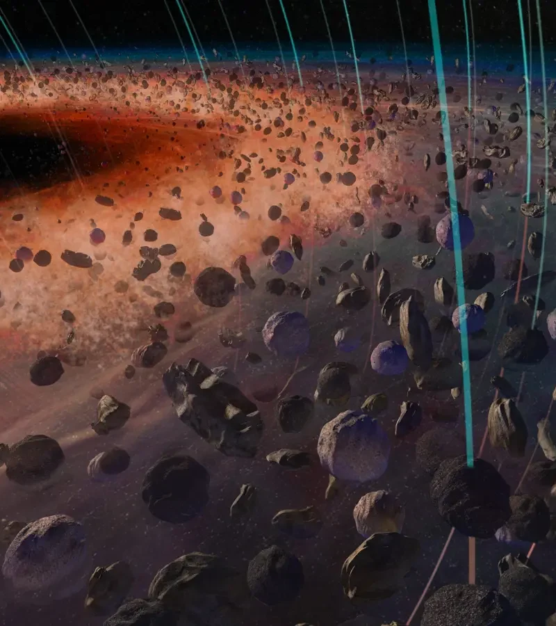 Artist’s illustration of the magnetic field and dust around the infant Sun.