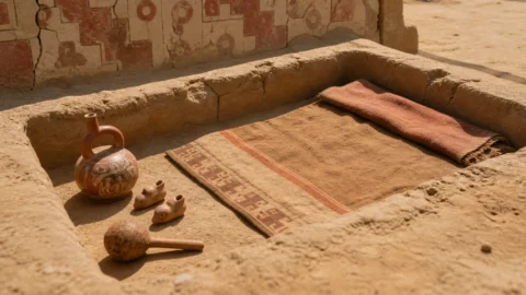 Conceptual reconstruction of a Moche child burial at Huacas de Moche; the objects shown reflect the excavated inventory.
