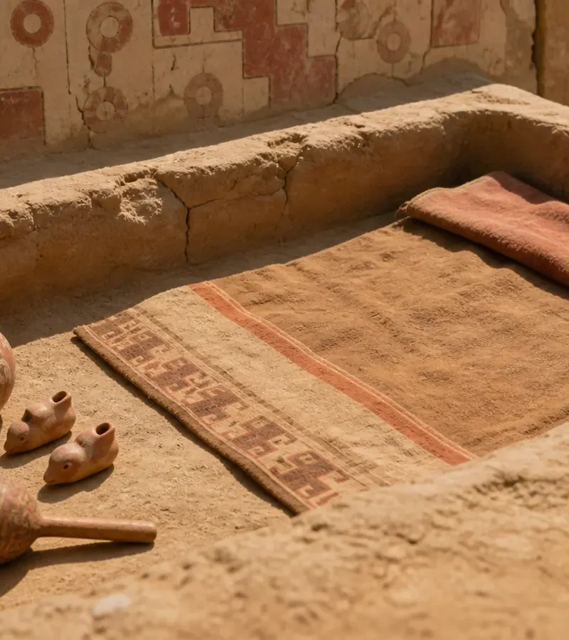 Conceptual reconstruction of a Moche child burial at Huacas de Moche; the objects shown reflect the excavated inventory.