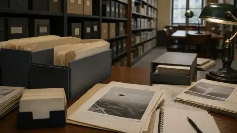 Archival boxes and documents in a national UAP records archive