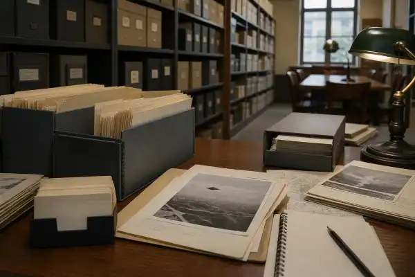 Archival boxes and documents in a national UAP records archive