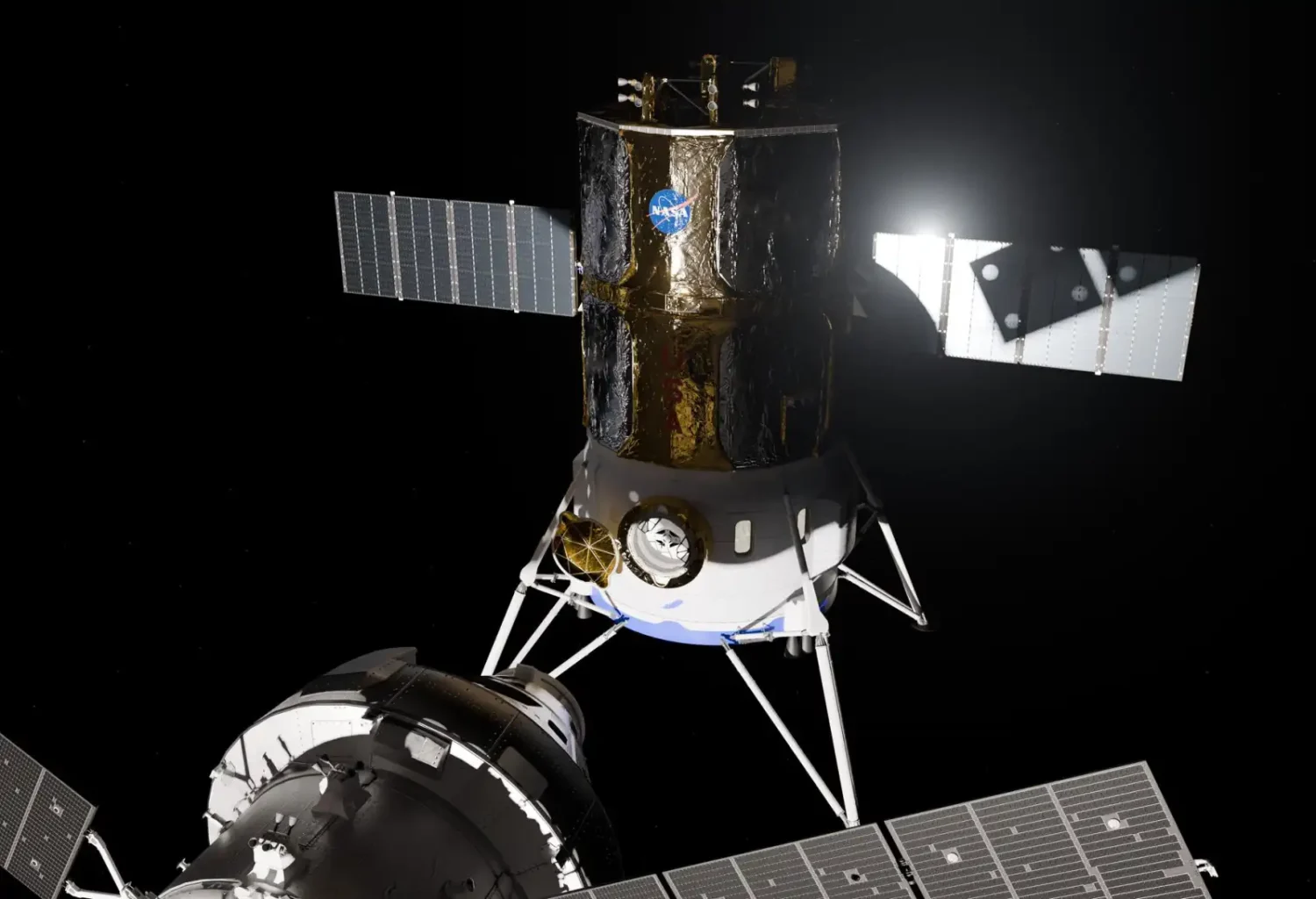 NASA concept art of Blue Origin Blue Moon Mark 2 docked with Orion