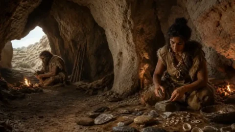 Editorial reconstruction of a Levant cave with Neanderthal and modern human material culture