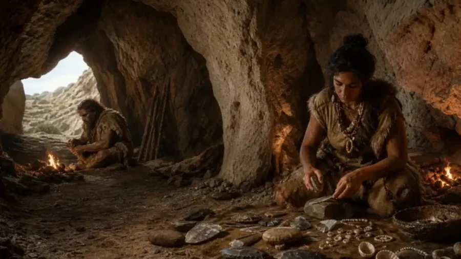 Editorial reconstruction of a Levant cave with Neanderthal and modern human material culture