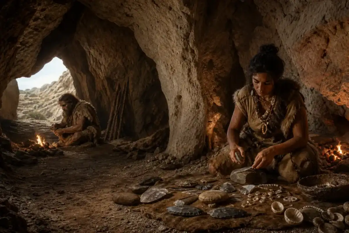 Editorial reconstruction of a Levant cave with Neanderthal and modern human material culture