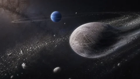 Neptune and its small inner moons surrounded by debris