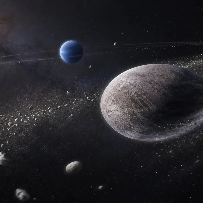 Neptune and its small inner moons surrounded by debris