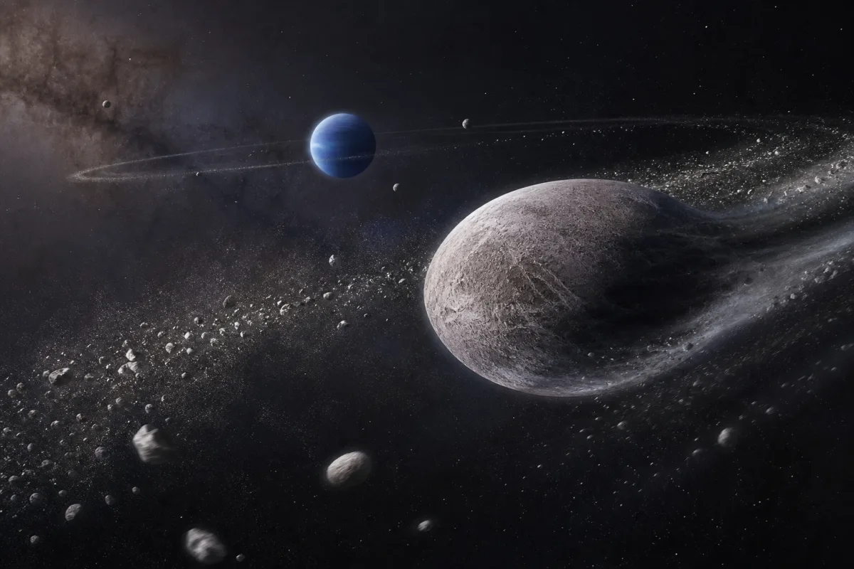 Neptune and its small inner moons surrounded by debris