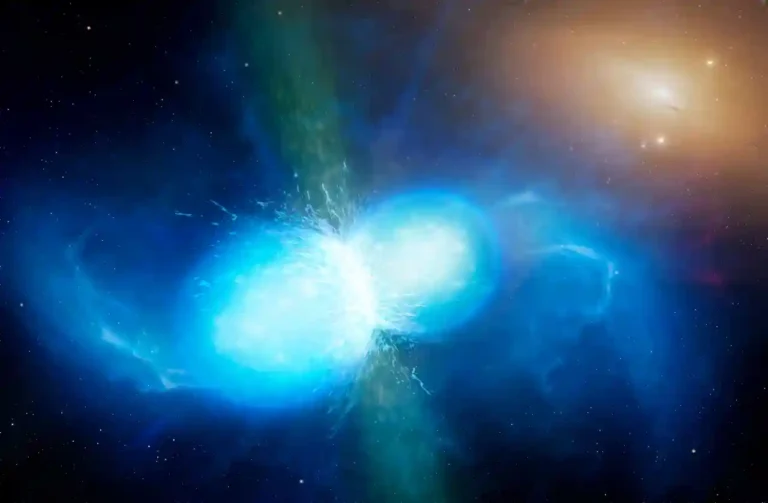 Artist’s impression of two neutron stars merging in a brilliant explosion